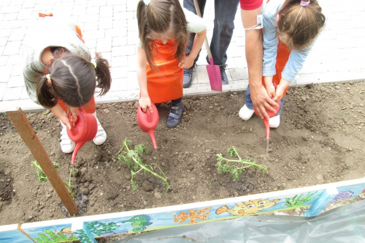 Devojčice zalivaju cveće u bašti vrtića