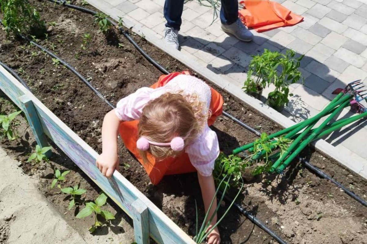 Devojčica sadi biljke u bašti vrtića